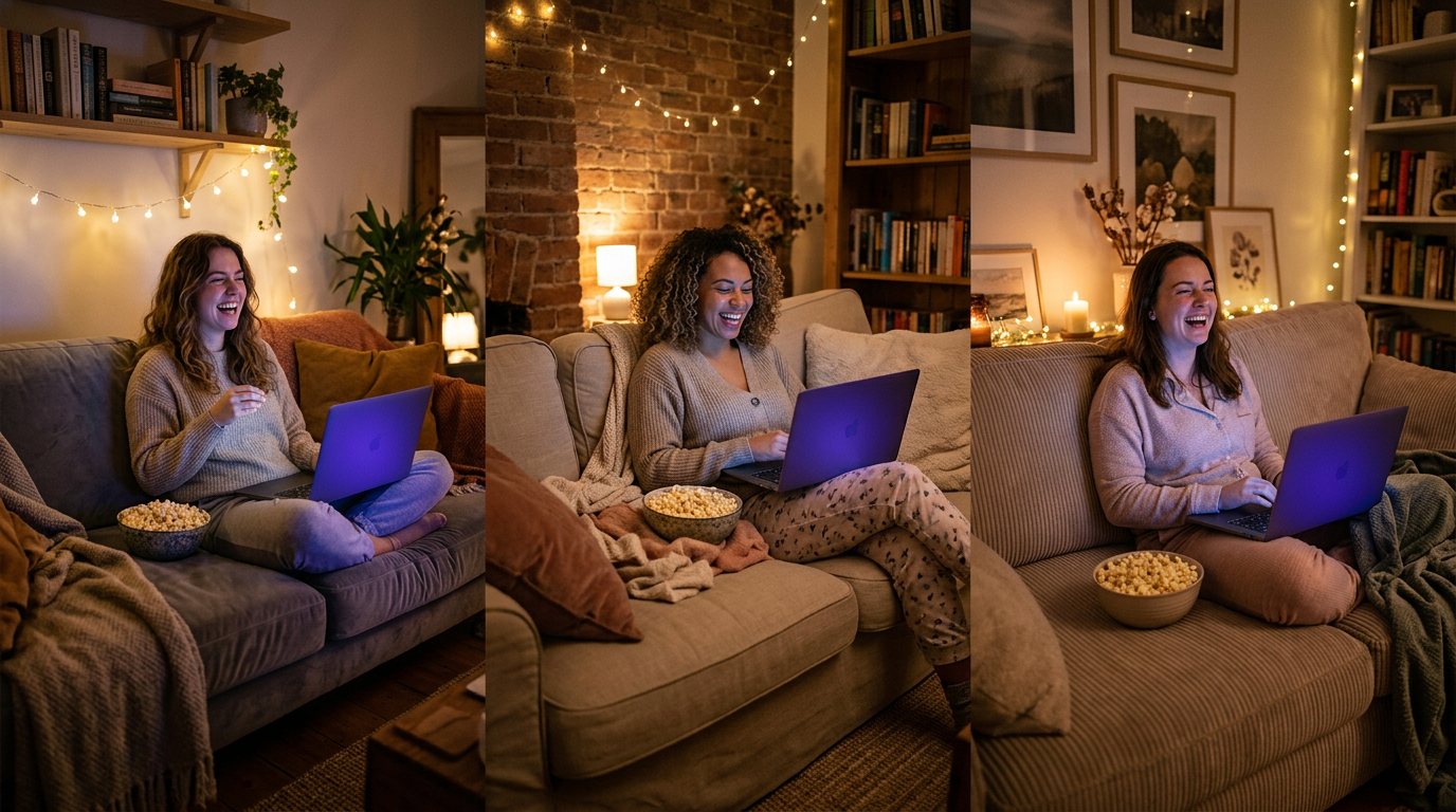 Three friends in separate rooms laughing at their laptops